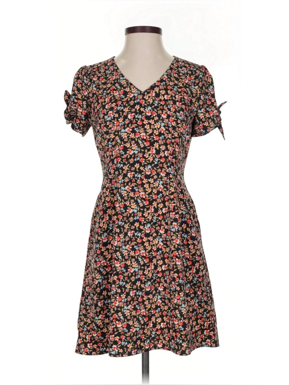 LOFT Black Mini Dress with Coral and Blue Small Floral Print